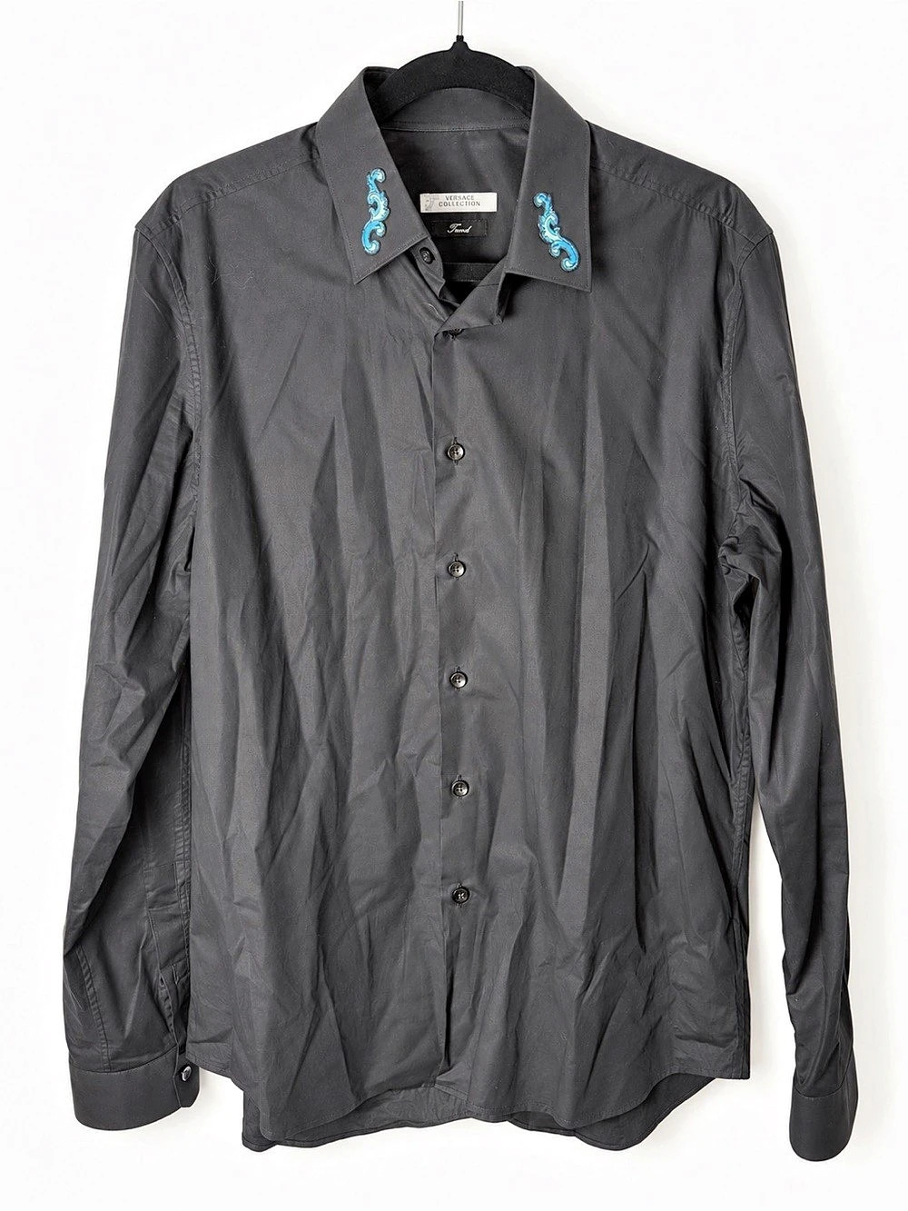 Versace Collection Black Blue Embroidered Collar Shirt Men’s 41 / 16
